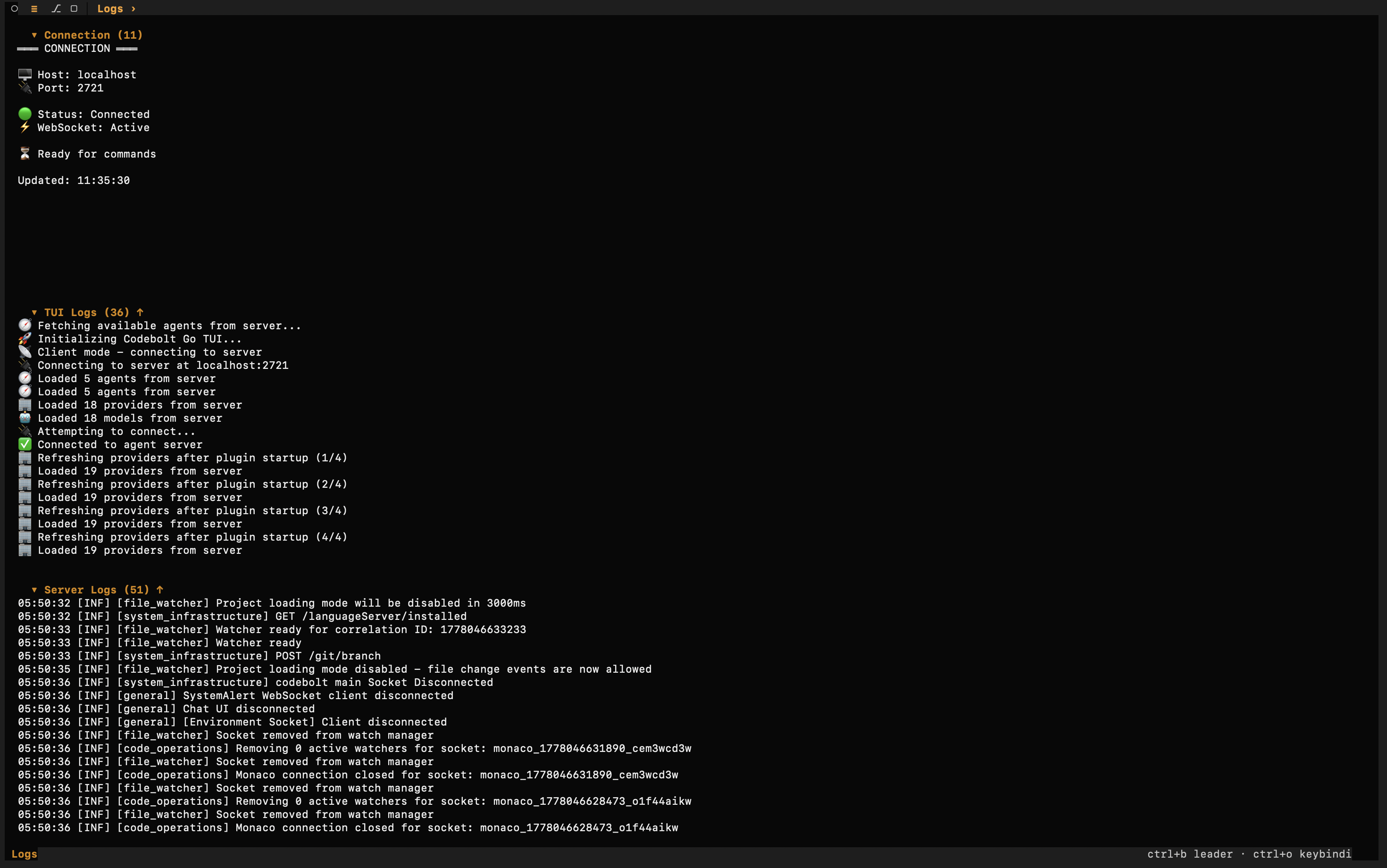 Codebolt CLI operational panels showing chat, notifications, connection status, and review state