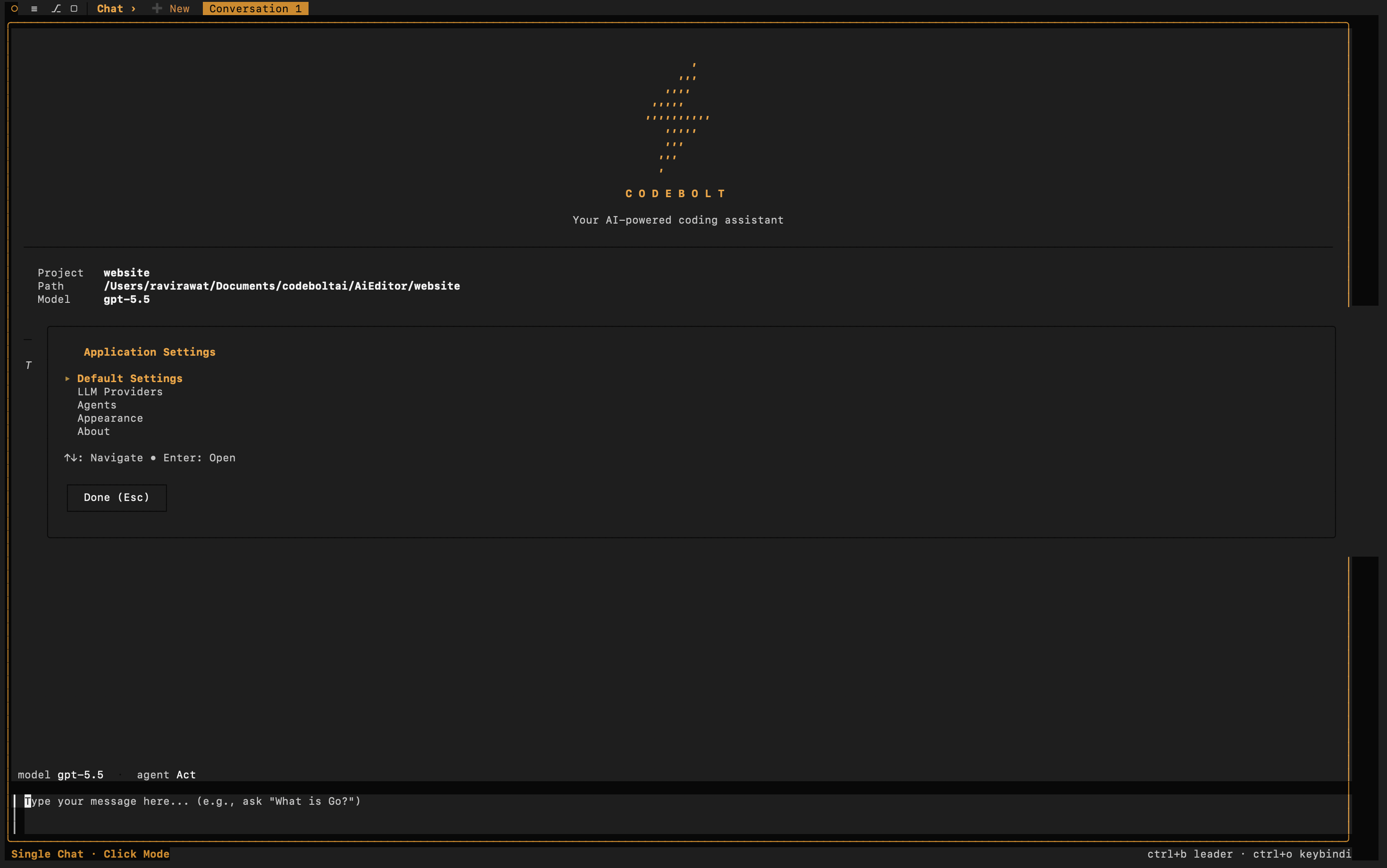 Codebolt CLI settings panel for providers, models, agents, themes, and keybindings