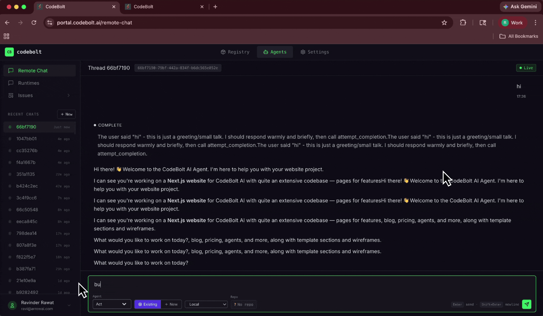 Codebolt Cloud portal managing desktop and CLI sessions through the cloud plugin